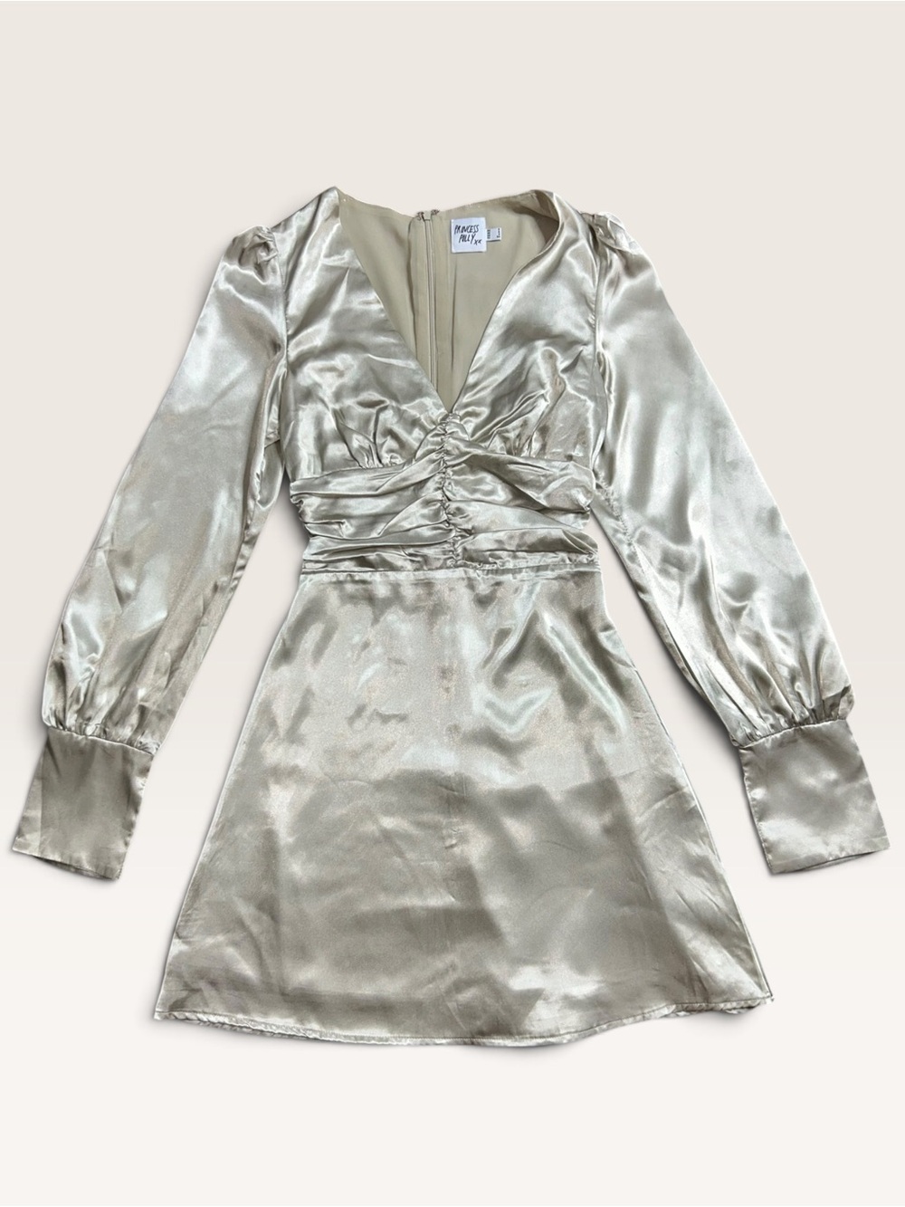 Princess Polly Champagne Satin Long-Sleeve V-neck Mini Dress